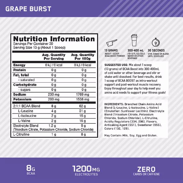 Optimum Nutrition BCAA Boost Grape 30 Serves España | AUQL-06457