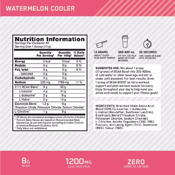 Optimum Nutrition BCAA Boost Watermelon 30 Serves España | LAUS-53784