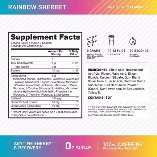 Optimum Nutrition ESSENTIAL AMIN.O. ENERGY® *new* Rainbow Sherbet - Notify Me 0.6 lb - Notify me España | MCVL-81756