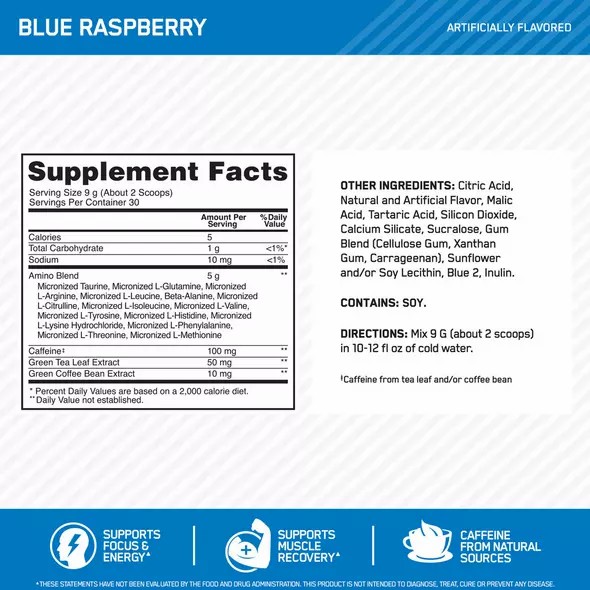 Optimum Nutrition ESSENTIAL AMIN.O. ENERGY® Blue Raspberry 1.29 lb (65 Servings) España | OJTE-01429