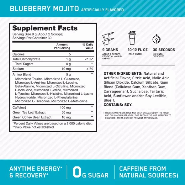 Optimum Nutrition ESSENTIAL AMIN.O. ENERGY® Blueberry Mojito 0.6 lb (30 Servings) España | KBTJ-45726