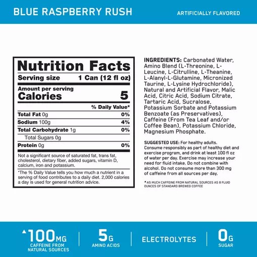 Optimum Nutrition ESSENTIAL AMIN.O. ENERGY+ Electrolytes Sparkling *new* Blue Raspberry Rush 355ml * 12 Cans (12 Servings) España | NMTG-43801