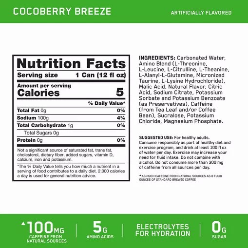 Optimum Nutrition ESSENTIAL AMIN.O. ENERGY+ Electrolytes Sparkling *new* Cocoberry Breeze 355ml * 12 Cans (12 Servings) España | EZOP-10548