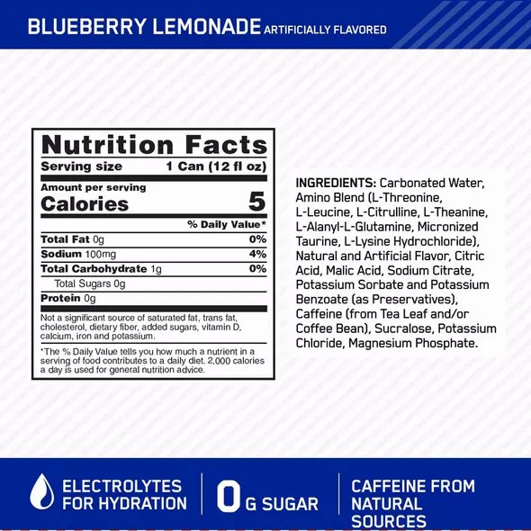 Optimum Nutrition ESSENTIAL AMIN.O. ENERGY+ Electrolytes Sparkling Blueberry Lemonade 355ml * 12 Cans (12 Servings) España | DPYB-07249