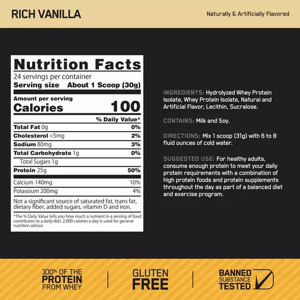 Optimum Nutrition GOLD STANDARD® 100% Isolate Rich Vainilla 2.91 lb (44 Servings) España | VERW-12769