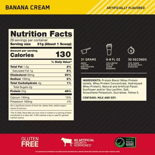 Optimum Nutrition GOLD STANDARD 100% WHEY™ Banana Cream 2 lb (29 Servings) España | HTEA-96023