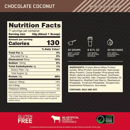 Optimum Nutrition GOLD STANDARD 100% WHEY™ Chocolate Coconut 5 lb (71 Servings) España | NLTU-46321