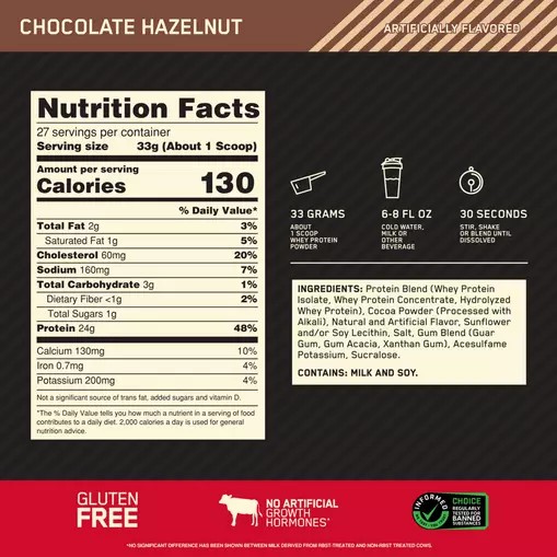 Optimum Nutrition GOLD STANDARD 100% WHEY™ Chocolate Hazelnut 2 lb (27 Servings) España | TAEK-15862