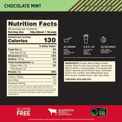 Optimum Nutrition GOLD STANDARD 100% WHEY™ Chocolate Mint 2 lb (28 Servings) España | RYKA-32971