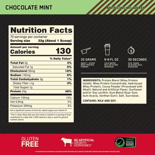 Optimum Nutrition GOLD STANDARD 100% WHEY™ Chocolate Mint 5 lb (70 Servings) España | ENSY-36817