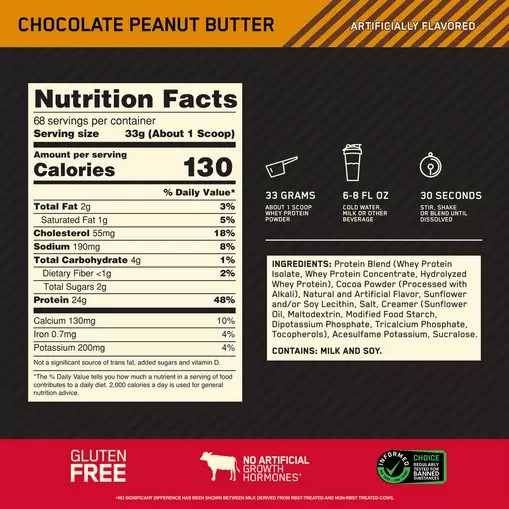 Optimum Nutrition GOLD STANDARD 100% WHEY™ Chocolate Peanut Butter 1.5 lb (22 Servings) España | DVPW-58264