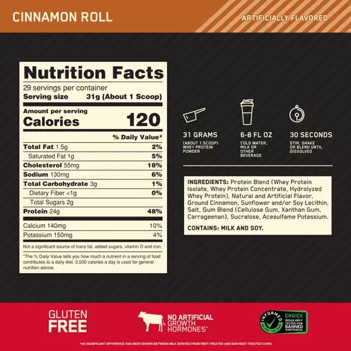 Optimum Nutrition GOLD STANDARD 100% WHEY™ Cinnamon Roll 2 lb (29 Servings) España | EOWT-46037