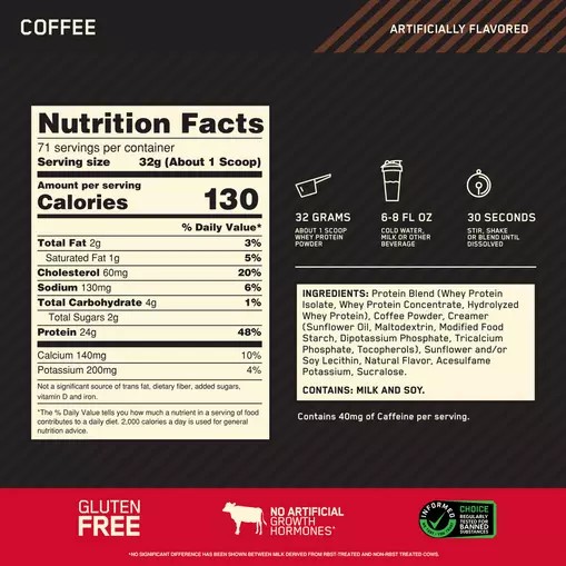 Optimum Nutrition GOLD STANDARD 100% WHEY™ Coffee 5 lb (71 Servings) España | WZLT-18674