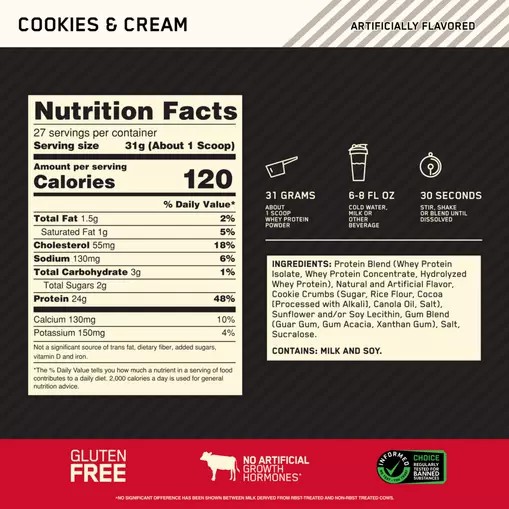 Optimum Nutrition GOLD STANDARD 100% WHEY™ Cookies & Cream 2 lb (27 Servings) España | IPJU-21340