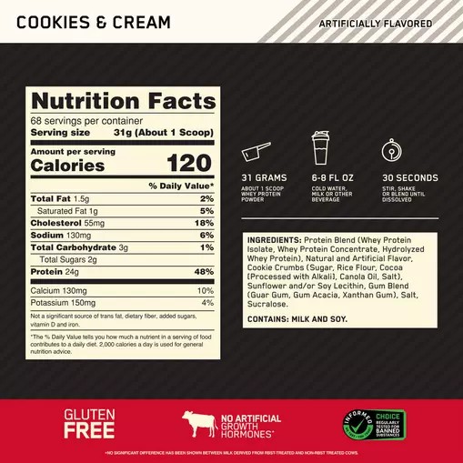 Optimum Nutrition GOLD STANDARD 100% WHEY™ Cookies & Cream 5 lb (68 Servings) España | BHRZ-29810