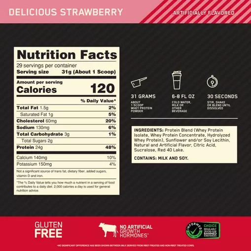 Optimum Nutrition GOLD STANDARD 100% WHEY™ Delicious Strawberry 2 lb (29 Servings) España | GCZN-38160