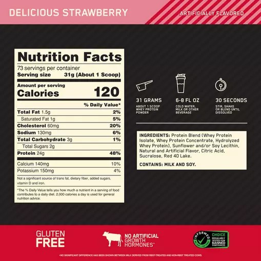 Optimum Nutrition GOLD STANDARD 100% WHEY™ Delicious Strawberry 5 lb (73 Servings) España | VTHD-86930