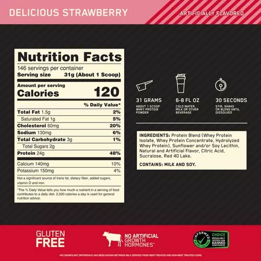 Optimum Nutrition GOLD STANDARD 100% WHEY™ Delicious Strawberry 10 lb (146 Servings) España | NDTO-73850