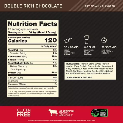 Optimum Nutrition GOLD STANDARD 100% WHEY™ Double Rich Chocolate 1.5 lb (22 Servings) España | LBMC-31429