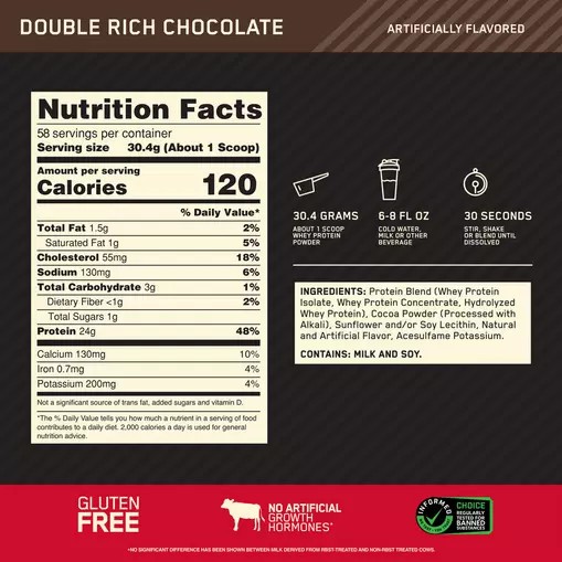 Optimum Nutrition GOLD STANDARD 100% WHEY™ Double Rich Chocolate 4 lb (58 Servings) España | DXTH-80532