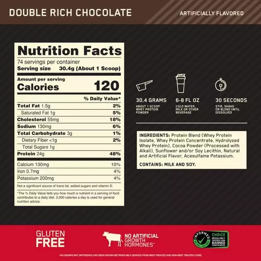 Optimum Nutrition GOLD STANDARD 100% WHEY™ Double Rich Chocolate 5 lb (74 Servings) España | SZRY-67108