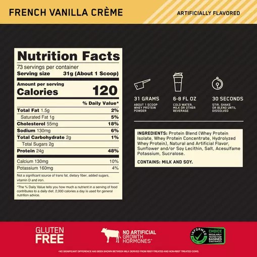 Optimum Nutrition GOLD STANDARD 100% WHEY™ French Vainilla Creme 5 lb (73 Servings) España | JGAO-19287