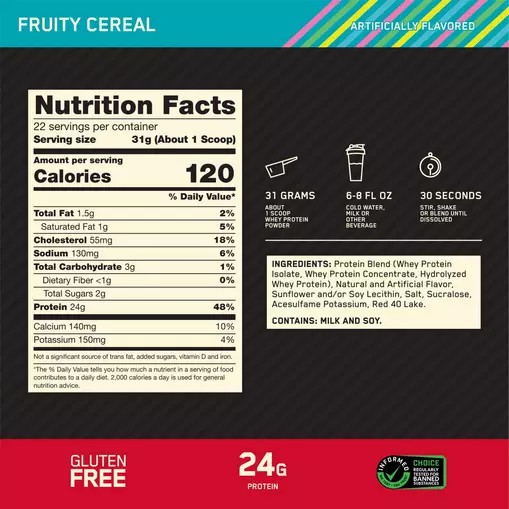 Optimum Nutrition GOLD STANDARD 100% WHEY™ Fruity Cereal 1.5 lb (22 Servings) España | QTUL-94531