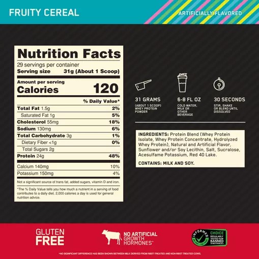 Optimum Nutrition GOLD STANDARD 100% WHEY™ Fruity Cereal 2 lb (29 Servings) España | FYGH-73965