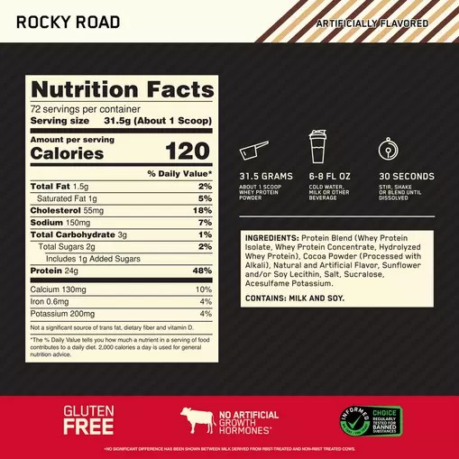 Optimum Nutrition GOLD STANDARD 100% WHEY™ Rocky Road 5 lb (72 Servings) España | FLRO-34592