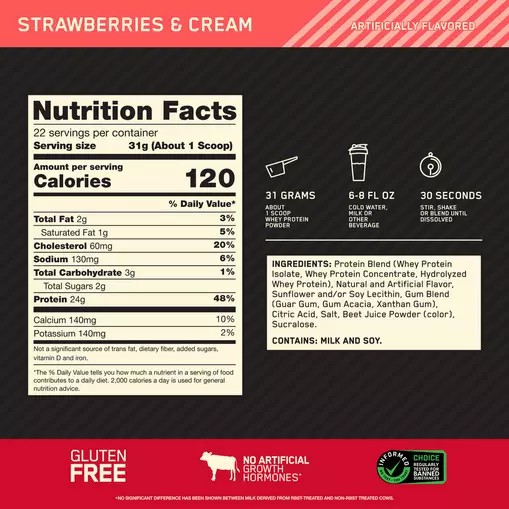 Optimum Nutrition GOLD STANDARD 100% WHEY™ Strawberries & Cream 1.5 lb (22 Servings) España | ODGV-67924