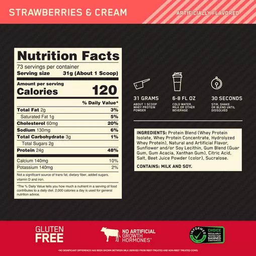 Optimum Nutrition GOLD STANDARD 100% WHEY™ Strawberries & Cream 5 lb (73 Servings) España | YCSD-85792