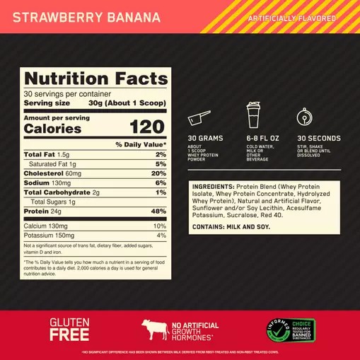 Optimum Nutrition GOLD STANDARD 100% WHEY™ Strawberry Banana 2 lb (30 Servings) España | FOUN-31294