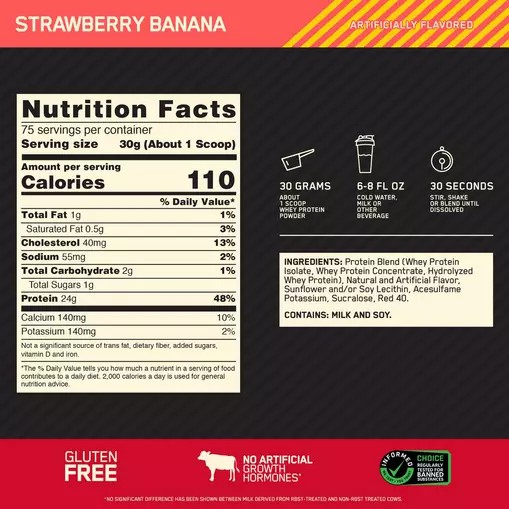 Optimum Nutrition GOLD STANDARD 100% WHEY™ Strawberry Banana 5 lb (75 Servings) España | XFQC-05823