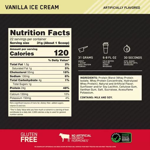 Optimum Nutrition GOLD STANDARD 100% WHEY™ Vainilla Ice Cream 1.5 lb (22 Servings) España | VTLI-97531