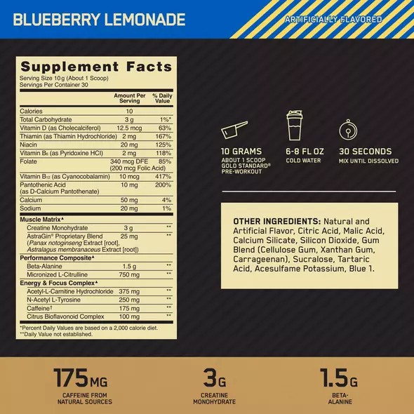 Optimum Nutrition GOLD STANDARD® Pre-Workout Blueberry Lemonade 0.66 lb (30 Servings) España | RFZE-80596