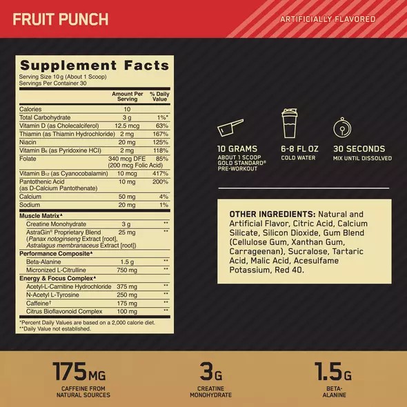 Optimum Nutrition GOLD STANDARD® Pre-Workout Fruit Punch 0.66 lb (30 Servings) España | XIUP-15067