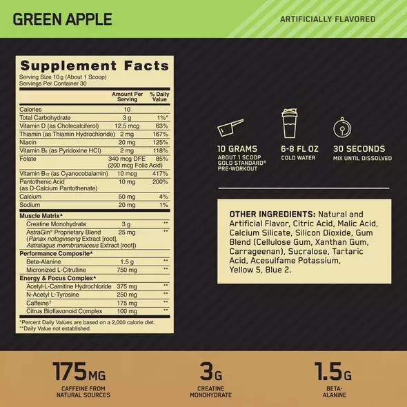 Optimum Nutrition GOLD STANDARD® Pre-Workout Green Apple 0.66 lb (30 Servings) España | BASP-43290