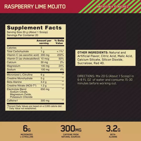 Optimum Nutrition GOLD STANDARD® Pre Advanced Raspberry Lime Mojito 0.88 lb (20 Servings) España | NGQF-76805