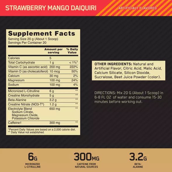 Optimum Nutrition GOLD STANDARD® Pre Advanced Strawberry Mango Daiquiri 0.88 lb (20 Servings) España | KJIS-05431