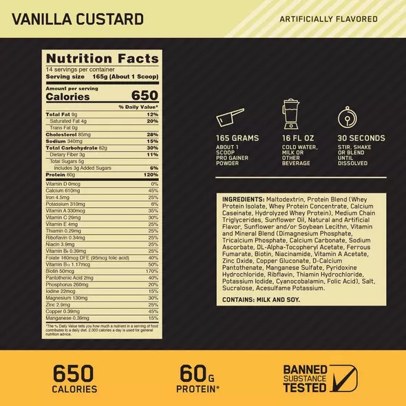 Optimum Nutrition GOLD STANDARD® Pro Gainer Vainilla Custard 5.09 lb (14 Servings) España | FZCG-15870