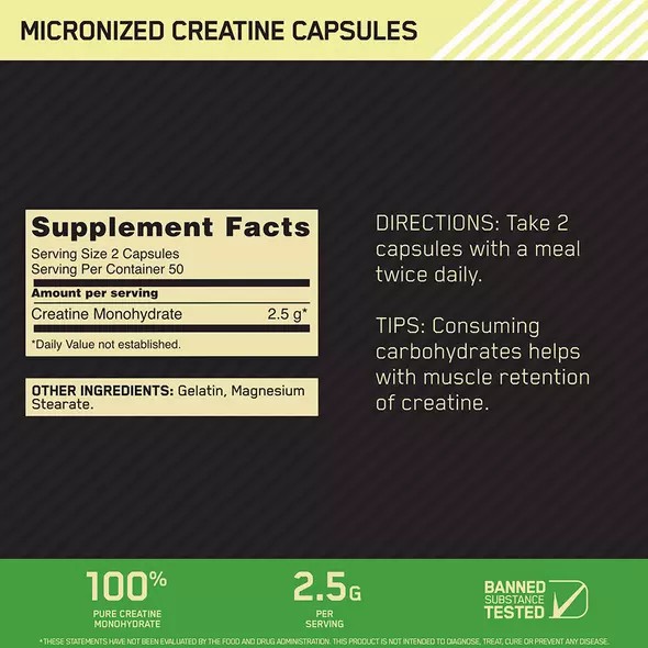 Optimum Nutrition Micronized Creatine Capsules 100 Capsules (50 Servings) España | SACE-92853