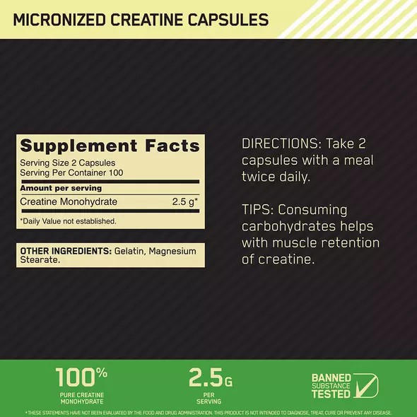 Optimum Nutrition Micronized Creatine Capsules 200 Capsules (100 Servings) España | QISO-29706