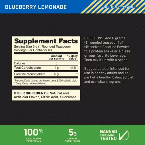 Optimum Nutrition Micronized Creatine Powder Blueberry Lemonade 0.79 lb (60 Servings) España | OAJE-28439