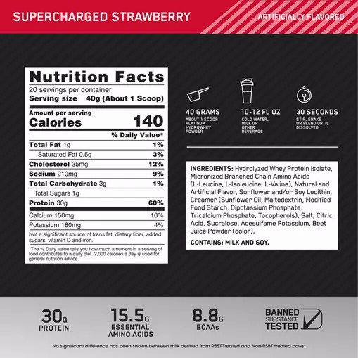 Optimum Nutrition PLATINUM HYDROWHEY™ Supercharged Strawberry 1.76 lb (20 Servings) España | AETX-54082