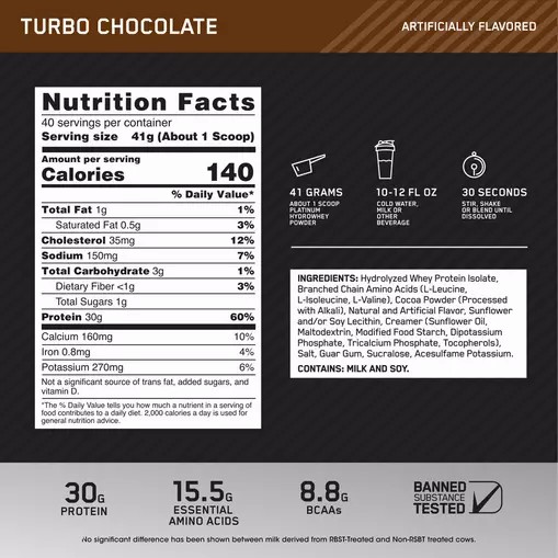 Optimum Nutrition PLATINUM HYDROWHEY™ Turbo Chocolate 3.61 lb (40 Servings) España | NJKM-70652