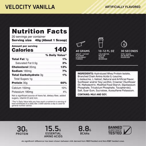 Optimum Nutrition PLATINUM HYDROWHEY™ Velocity Vainilla 1.76 lb (20 Servings) España | HSCX-01843