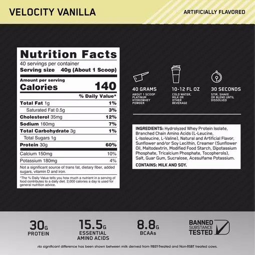 Optimum Nutrition PLATINUM HYDROWHEY™ Velocity Vainilla 3.52 lb (40 Servings) España | SIXL-81095