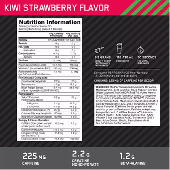 Optimum Nutrition Performance Pre-Workout Kiwi Strawberry 285g España | KRGT-92716