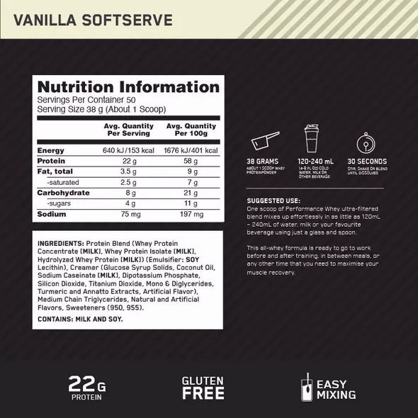 Optimum Nutrition Performance Whey Vainilla 1.95kg España | GPFC-85402