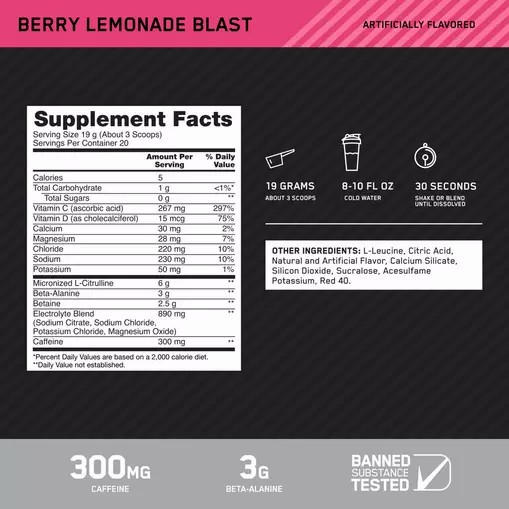 Optimum Nutrition Platinum Igniter Berry Lemonade Blast 0.84 lb (20 Servings) España | VXBO-63485